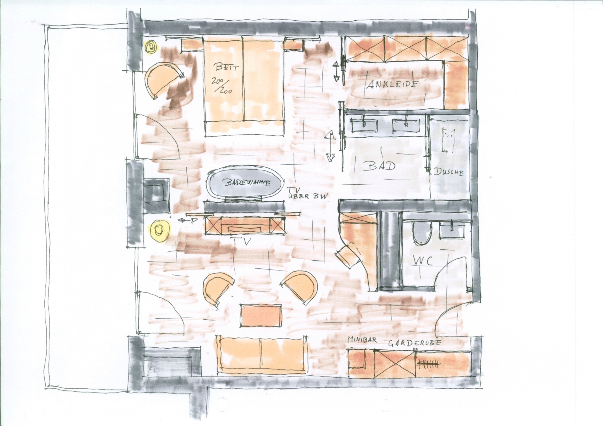 Skizze von einem Grundriss mit Einrichtung
