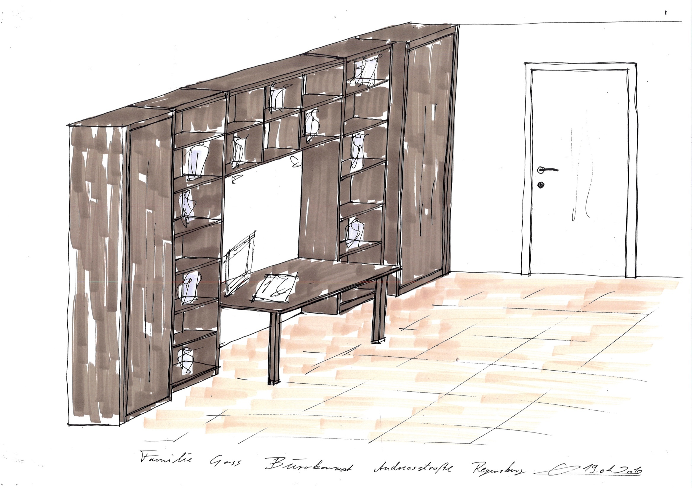 Handzeichnung von einer Schrankwand mit integriertem Schreibtisch