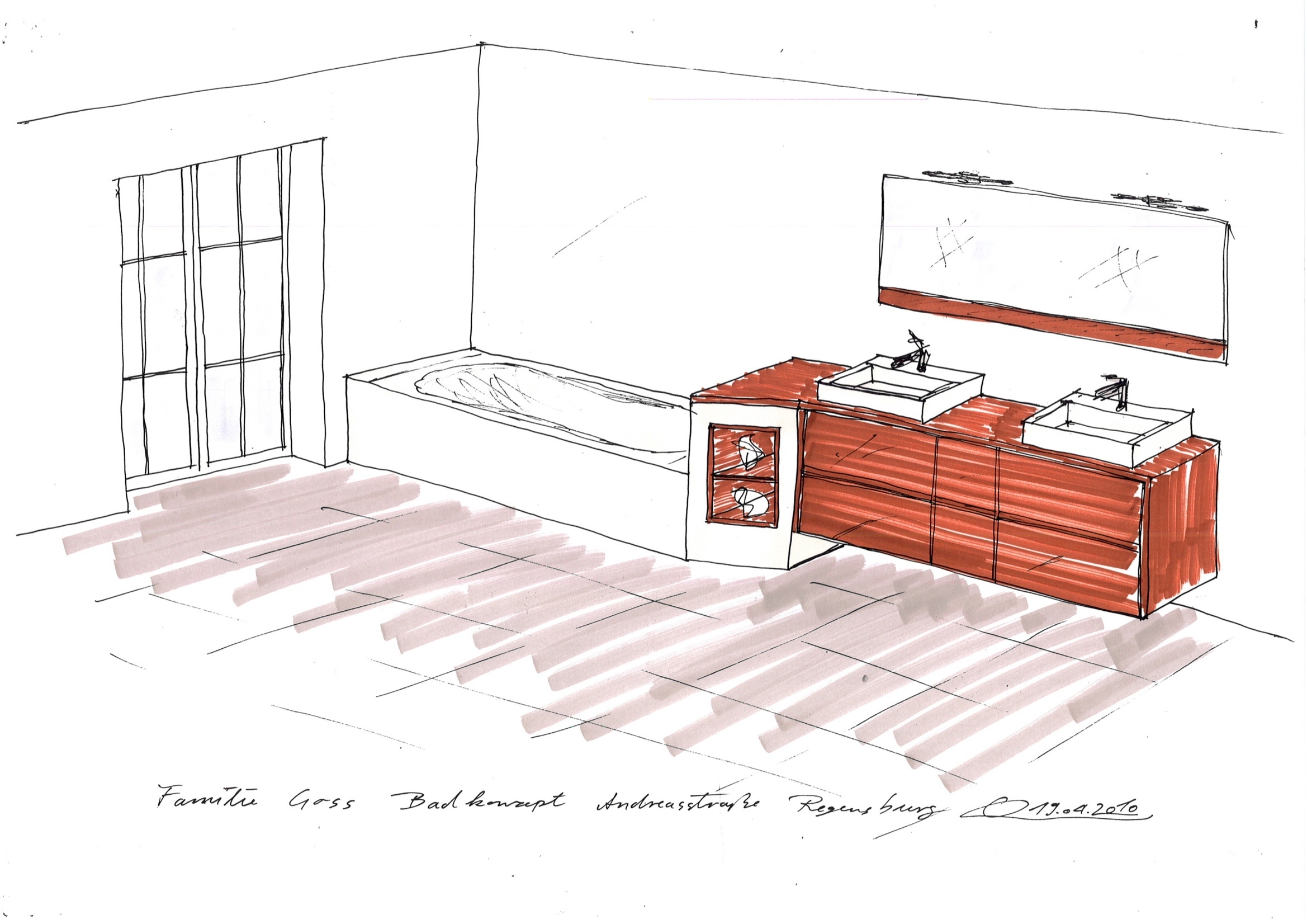 Skizze von einem Badezimmer mit Badewanne und angrenzend ein hängender Waschbeckenschrank mit 2 Becken