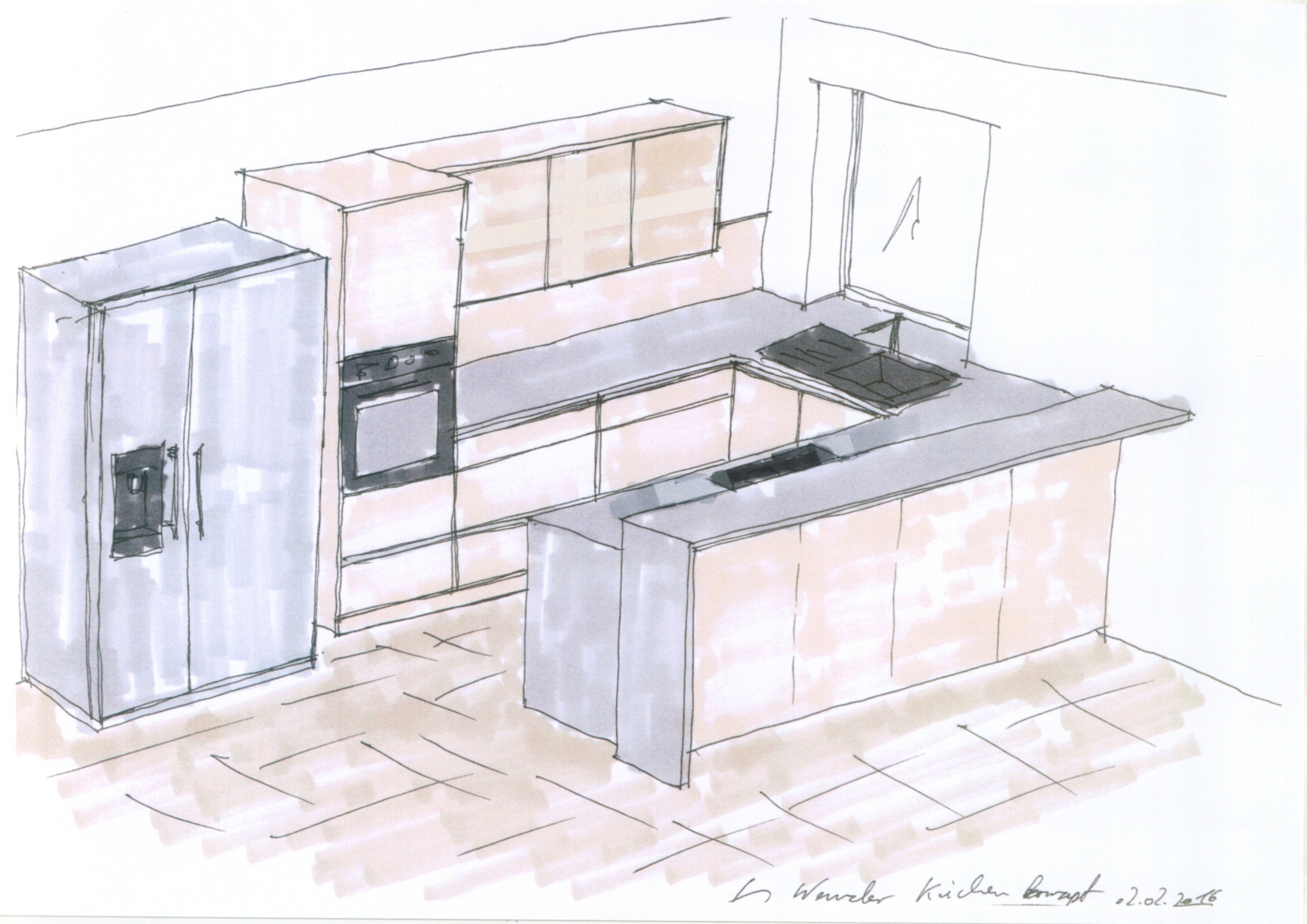 Skizze von einer U-förmigen Küche mit Halbinsel und ein freistehender Side by Side Kühlschrank