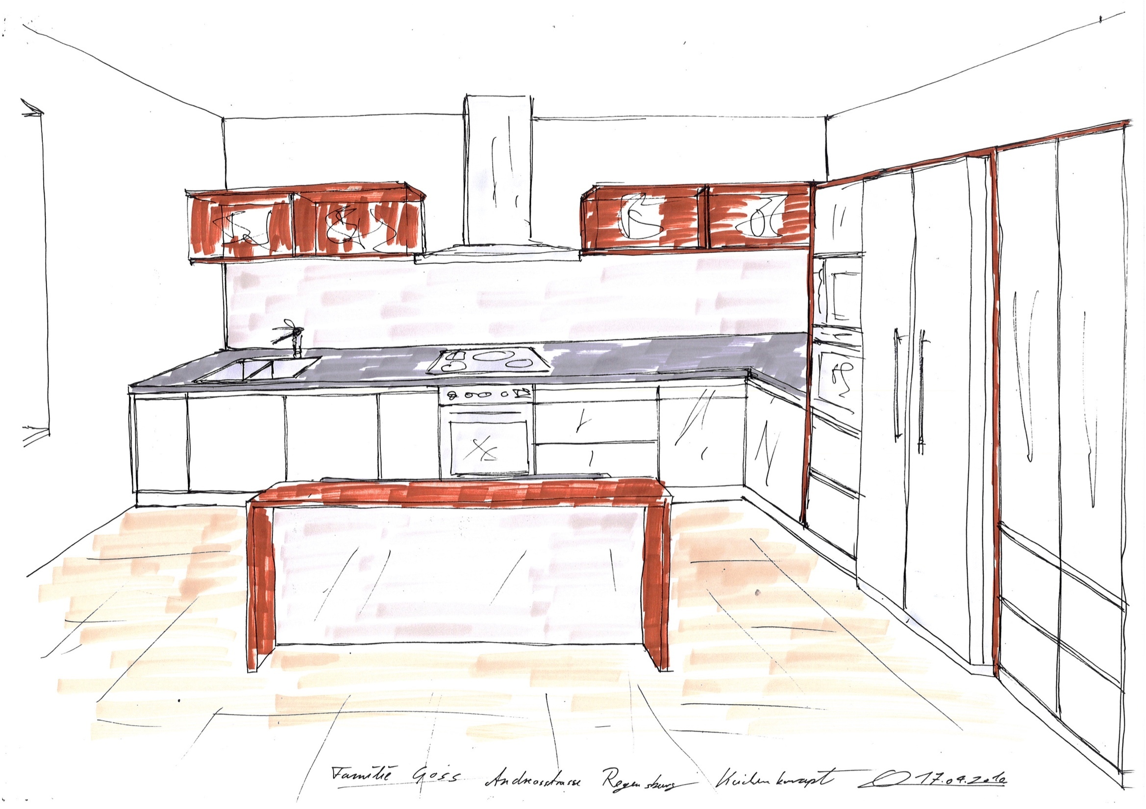 Skizze von einer Küche mit Kücheninsel