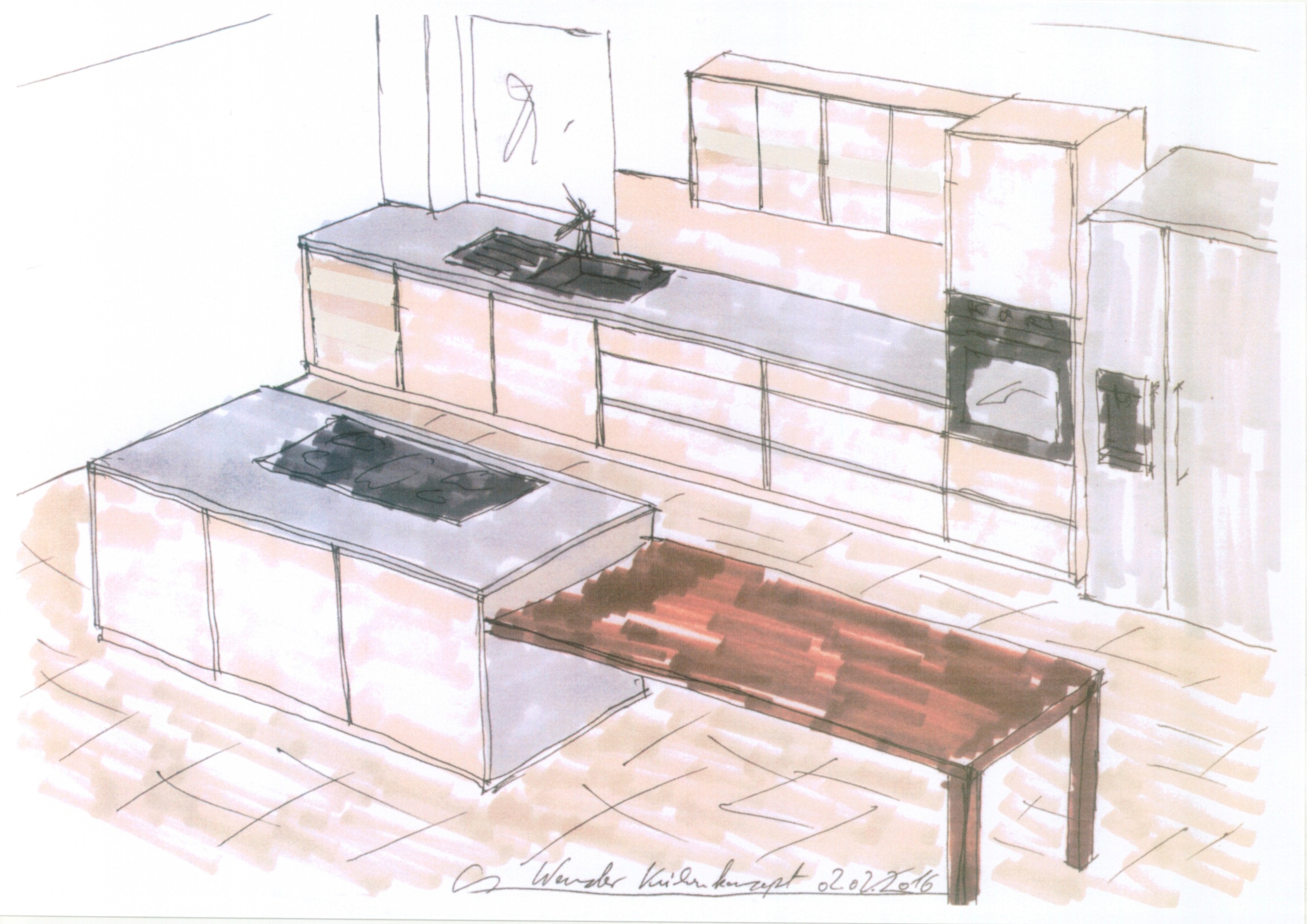 Handskizze von einer Küchenzeile mit Insel und angesetztem Tisch