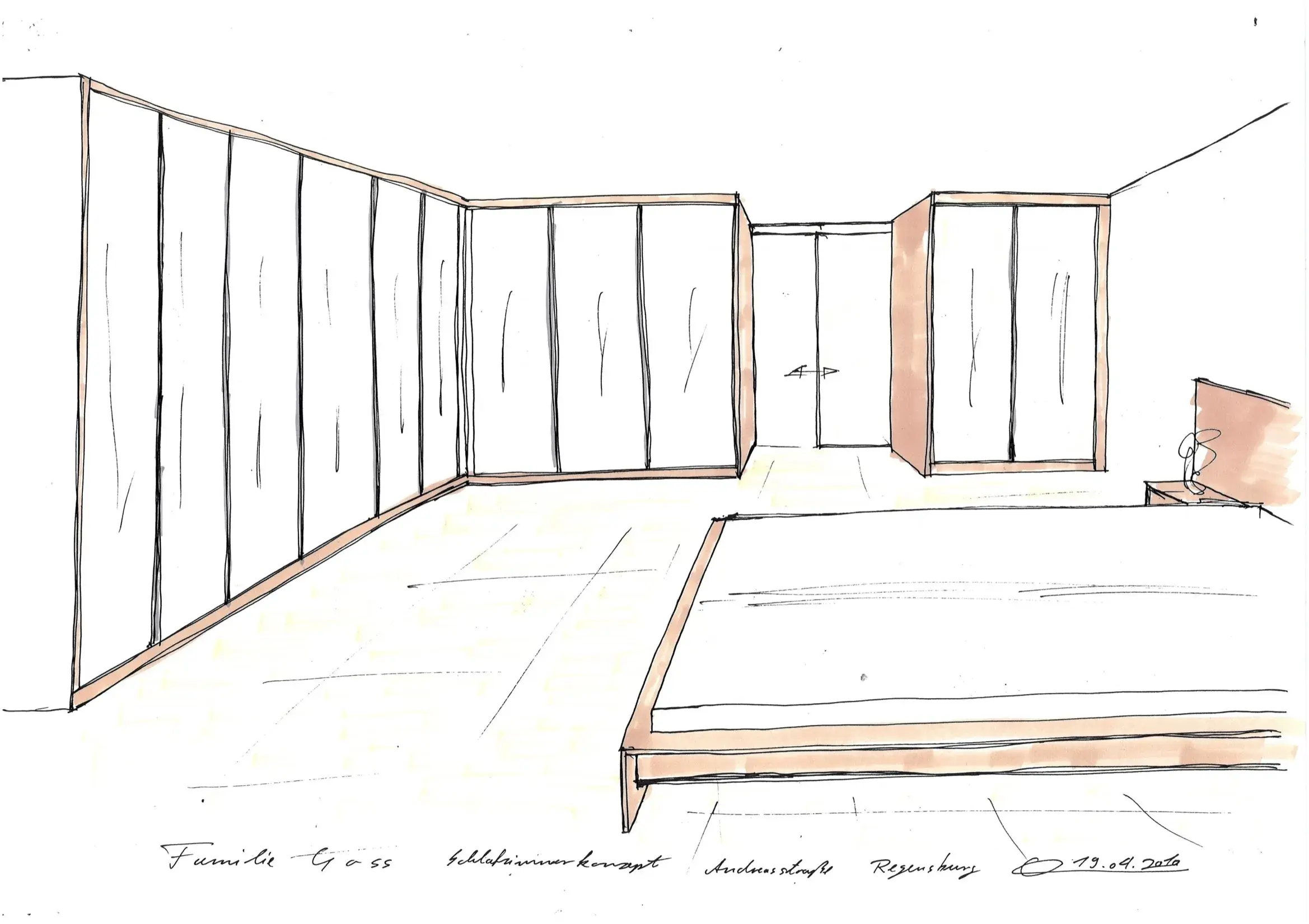 Skizze von einem Schlafzimmer mit Bett und einem großen Eckkleiderschrank