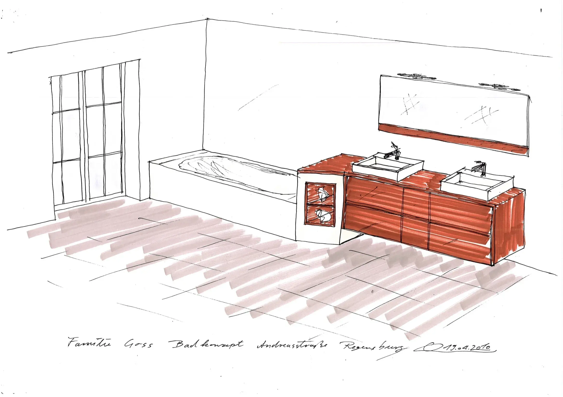 Skizze von einem Badezimmer mit Badewanne und angrenzend ein hängender Waschbeckenschrank mit 2 Becken