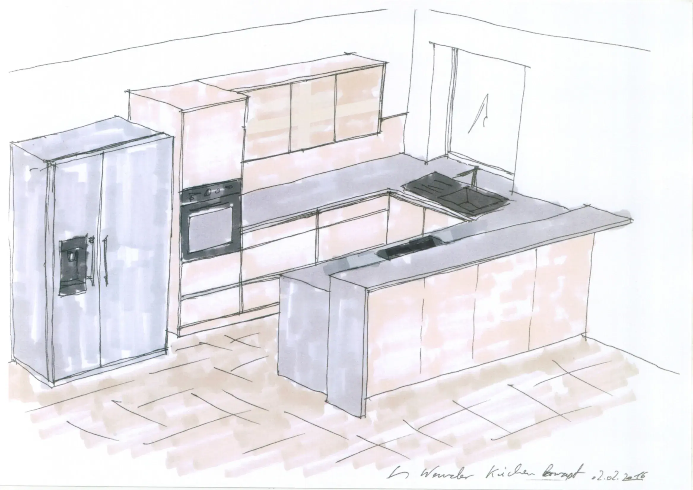 Skizze von einer U-förmigen Küche mit Halbinsel und ein freistehender Side by Side Kühlschrank
